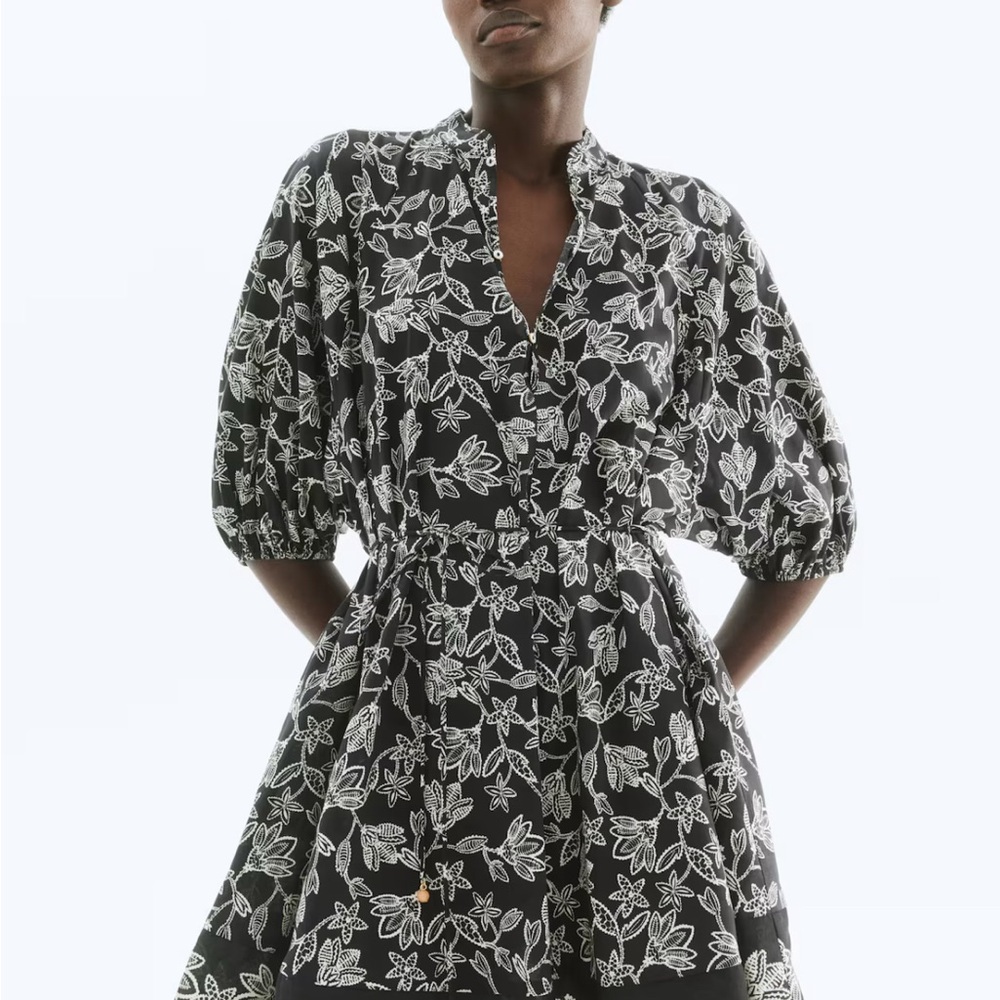 H&M Black & White Floral Mini Tie-belt Dress
